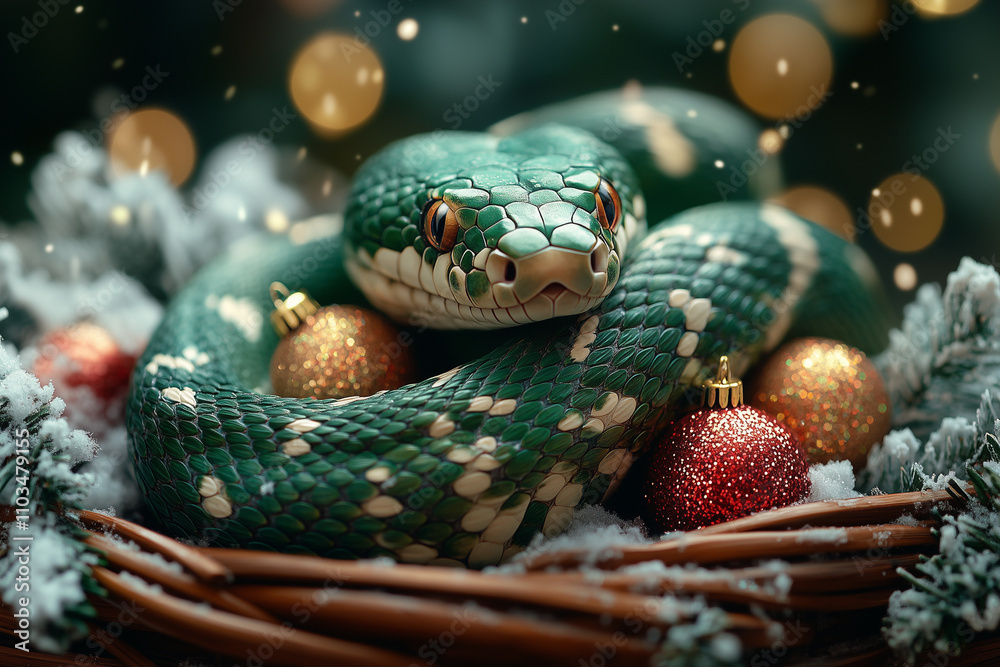 A green snake curled around a sleigh filled with New Year’s gifts and sparkles. A green snake curled around a sleigh filled with New Year’s gifts and sparkles.