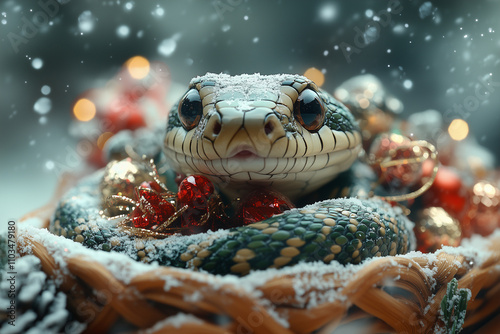 A green snake curled around a sleigh filled with New Year’s gifts and sparkles. photo