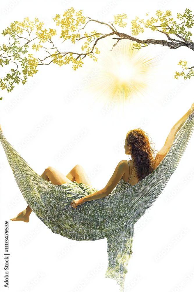 Fototapeta premium Serene young woman relaxing in a hammock under a tree, enjoying the sun's warmth. Peaceful summer vibes.