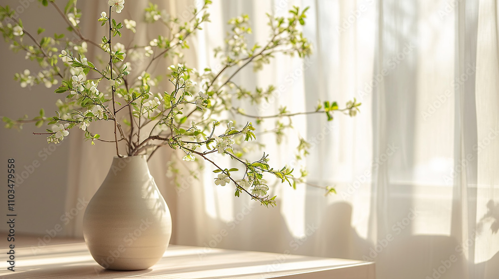 White vase with flowers on the background of a window in daylight close-up White vase with flowers on the background of a window in daylight close-up