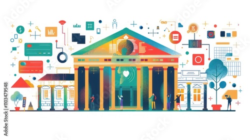 A colorful illustration of a building surrounded by technology and data elements.
