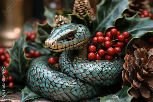 A festive dining table centerpiece featuring a green snake encircling a vase of holly and berries. photo