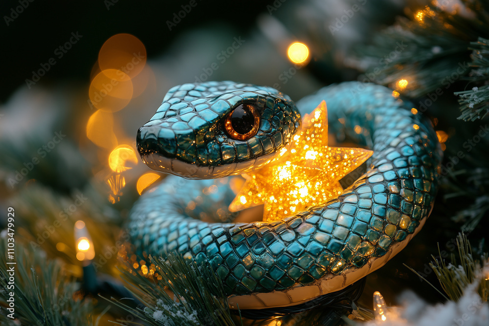 Fototapeta premium A snake-shaped garland wrapping around a glowing New Year’s star atop a Christmas tree.