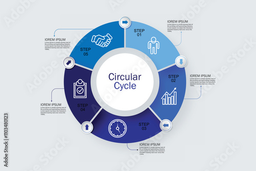 Ring-like chart with 5 paper blue round elements