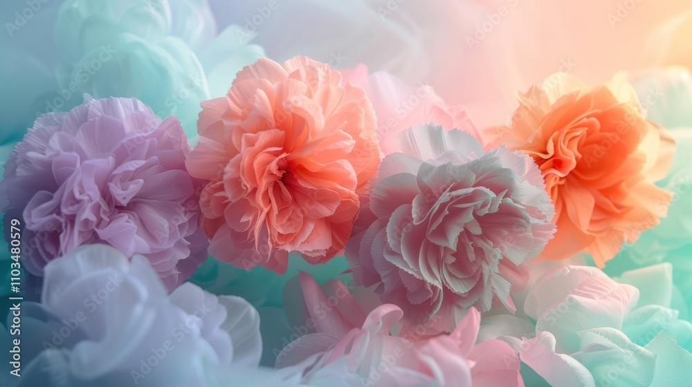 A soft, dreamy arrangement of colorful flowers in pastel hues.