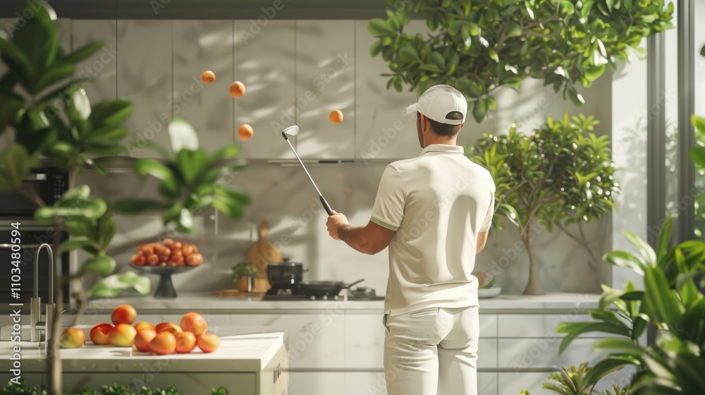 A golfer practicing swings in a modern kitchen surrounded by fruit and greenery. A golfer practicing swings in a modern kitchen surrounded by fruit and greenery.