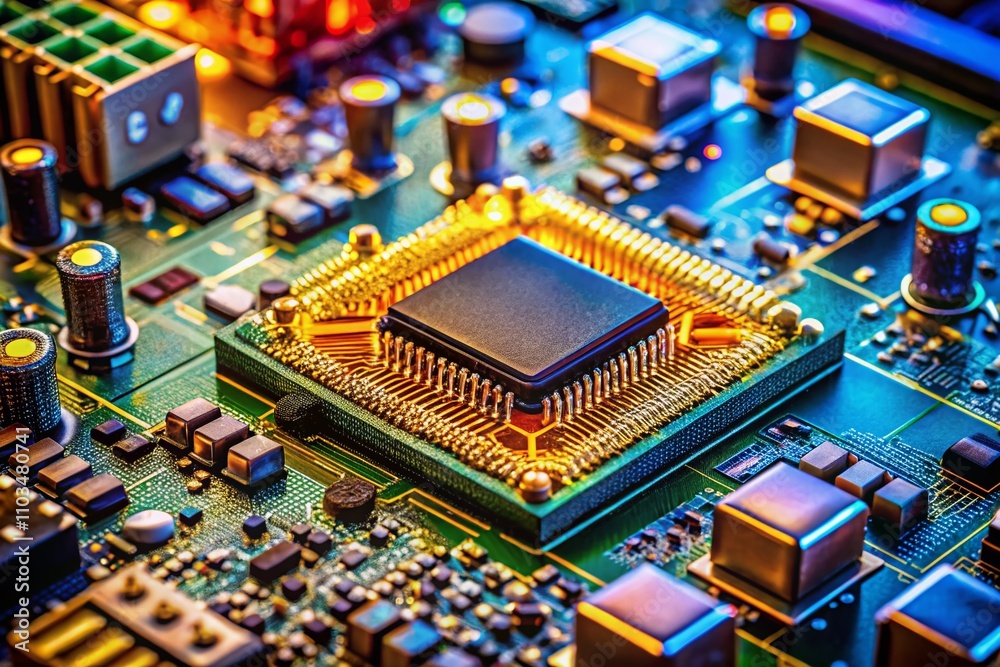 Closeup of a Microcontroller on a Motherboard Circuit Component, Showcasing Intricate Details and Connections for Technology and Electronics Enthusiasts Closeup of a Microcontroller on a Motherboard Circuit Component, Showcasing Intricate Details and Connections for Technology and Electronics Enthusiasts