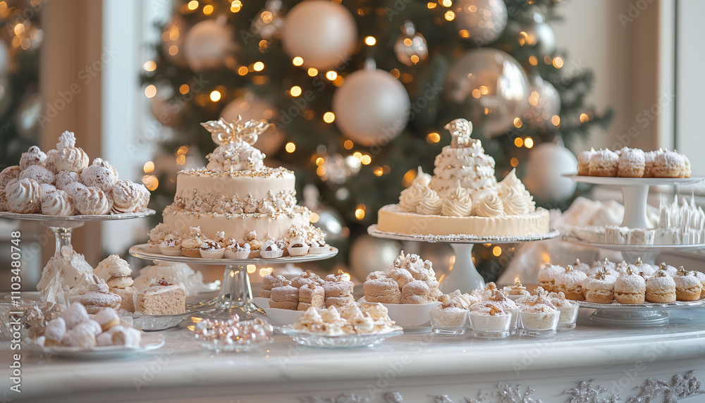 A festive Christmas dessert table with various treats, including cakes and pastries, arranged in front of an elegant tree decorated for the holiday season. (2) A festive Christmas dessert table with various treats, including cakes and pastries, arranged in front of an elegant tree decorated for the holiday season. (2)