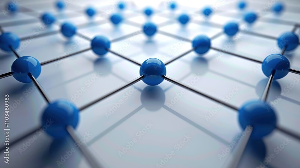 A 3D representation of a molecular structure with interconnected blue spheres. A 3D representation of a molecular structure with interconnected blue spheres.