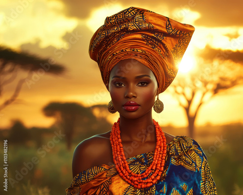 Elegant traditional african costume at sunset in savanna scenery for cultural heritage display