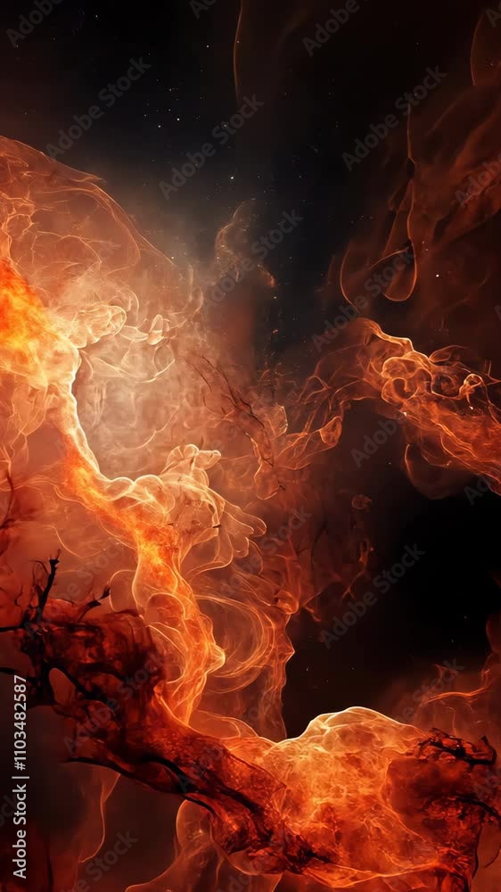 Fiery nebula exploding with swirling clouds of red and orange smoke