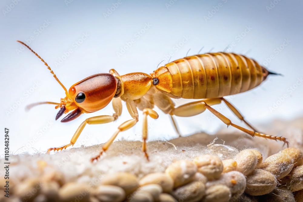 Close-Up of a Termite on a White Background, Showcasing Intricate Details of Its Body Structure and Features for Educational and Scientific Use Close-Up of a Termite on a White Background, Showcasing Intricate Details of Its Body Structure and Features for Educational and Scientific Use