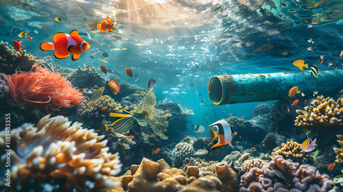 Marine life and plastic tubes. Art concept. Symbol plastic trash in the sea.