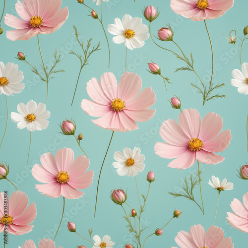 pattern of soft pastel cosmos flowers, on light aqua background, designed for luxurious home decor items such as cushions, wallpapers, and curtains