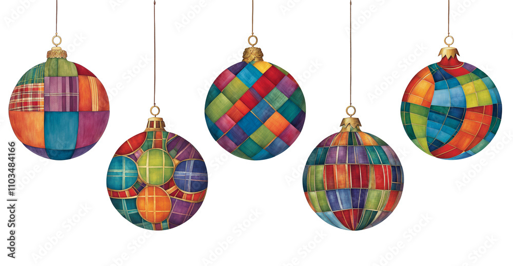 Five cut paper illustrations of plaid-inspired baubles in bold colours Five cut paper illustrations of plaid-inspired baubles in bold colours