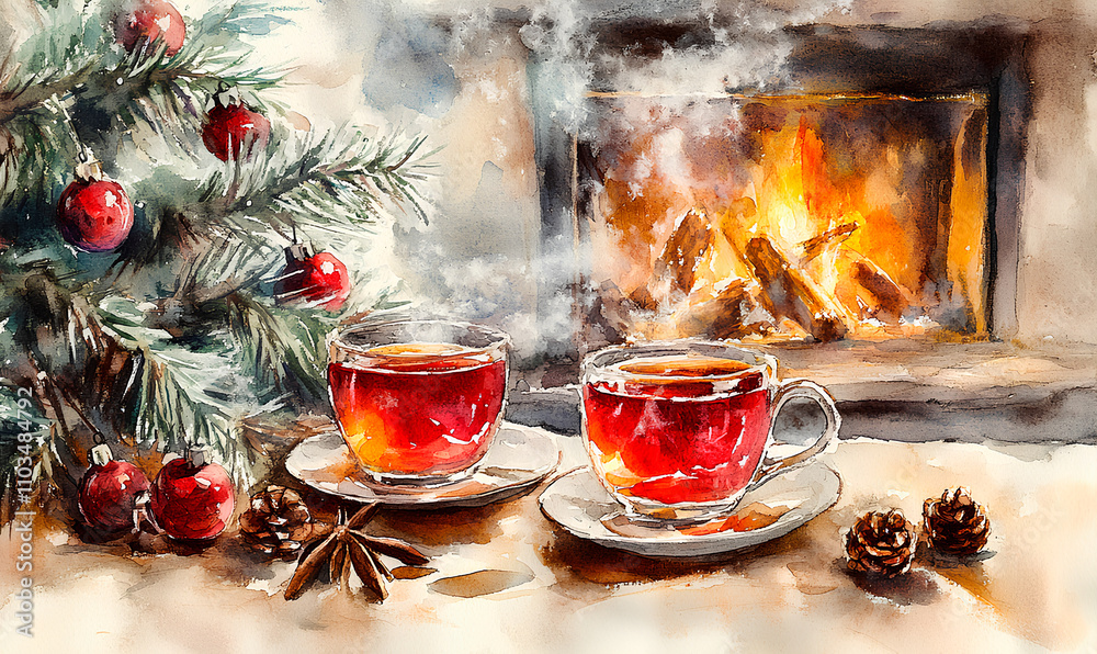 Two cups of tea sit beside a glowing fireplace with a beautifully adorned Christmas tree nearby Two cups of tea sit beside a glowing fireplace with a beautifully adorned Christmas tree nearby