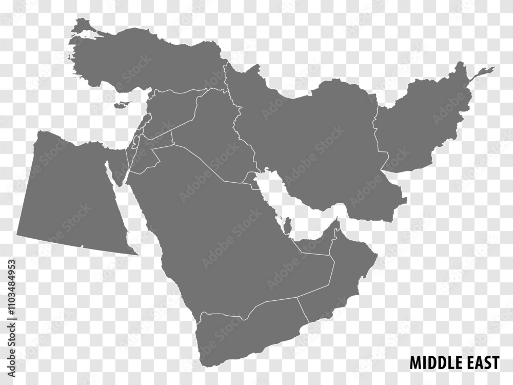 Fototapeta premium Middle East Map vector. Gray similar map of Middle East blank vector on transparent background. Gray similar map with borders of all countries. Eps 10