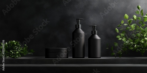 Sophisticated Black Cosmetic Packaging Mockup with Plants. Modern Minimalist Design. Empty Bottles and Jars on Shelf.