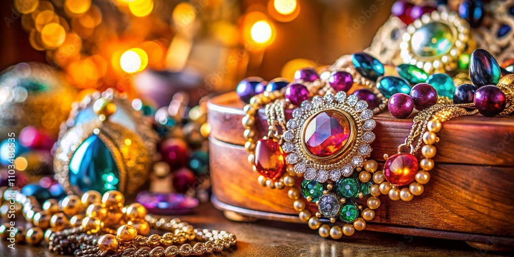 Close-Up of Exquisite Jewelry Displayed Elegantly on a Dresser, Highlighting Intricate Details and Sparkling Gemstones in a Warm and Inviting Atmosphere Close-Up of Exquisite Jewelry Displayed Elegantly on a Dresser, Highlighting Intricate Details and Sparkling Gemstones in a Warm and Inviting Atmosphere