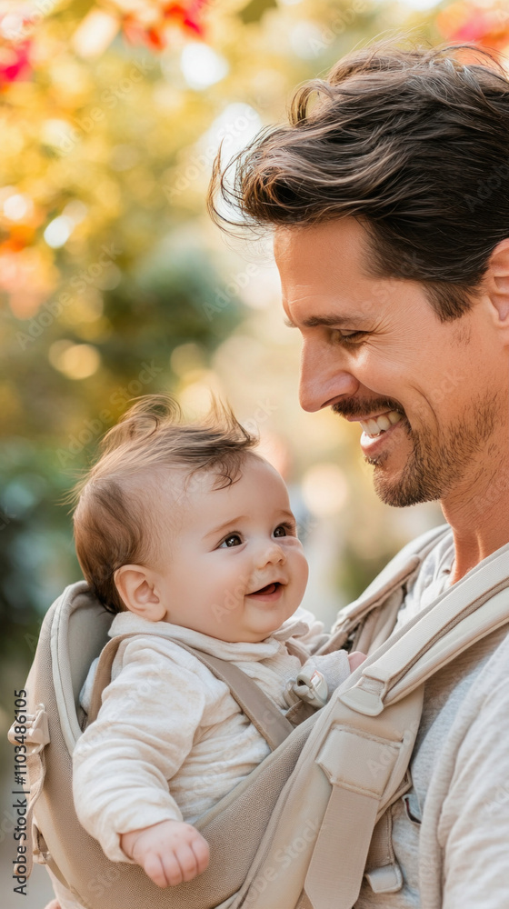 Happy father smiling at baby in carrier outdoors Happy father smiling at baby in carrier outdoors