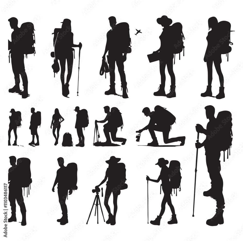 Obraz premium Male and female hiker set vector illustration