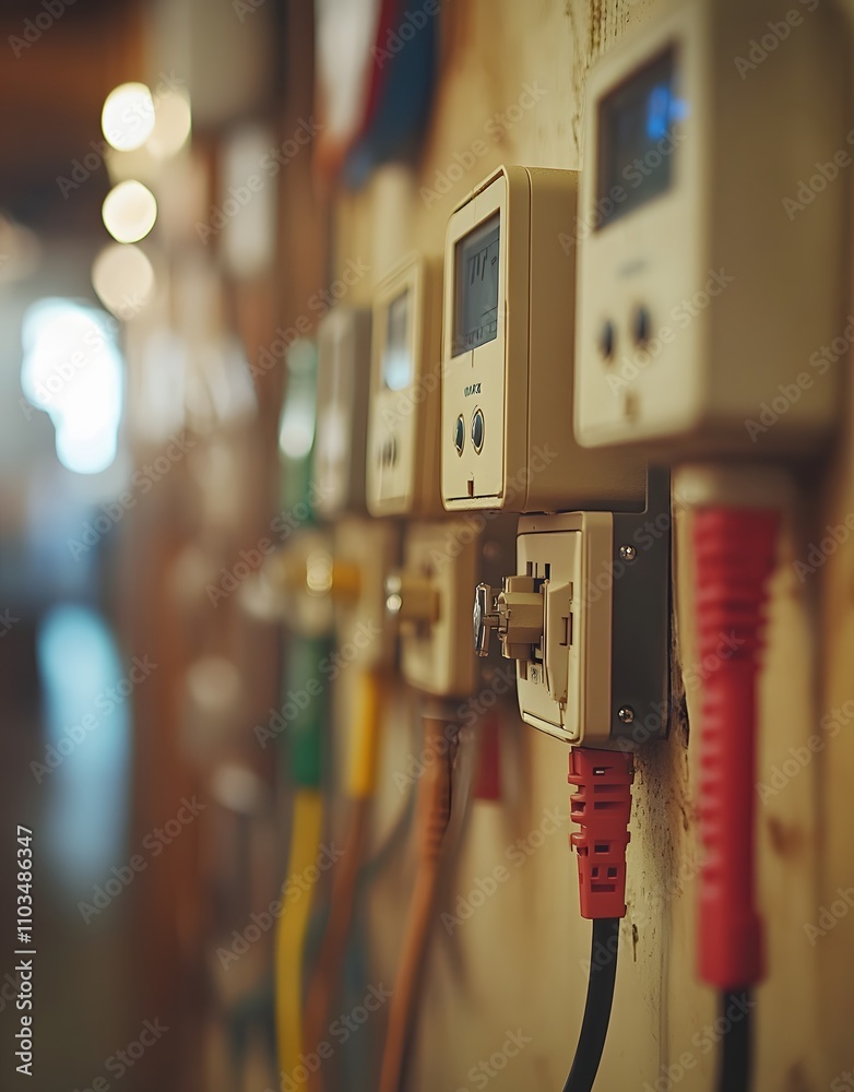 A row of electrical meters and plugs mounted on a wall, indicating power usage. A row of electrical meters and plugs mounted on a wall, indicating power usage.