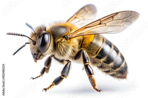 Stunning bee is flying on white background