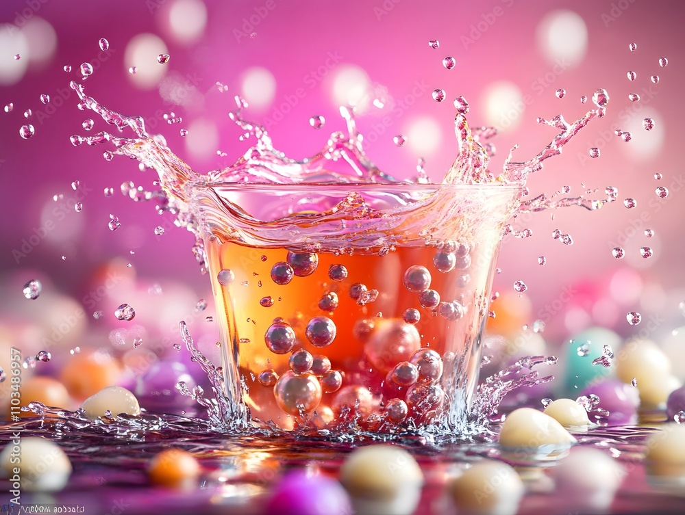 A splash of colored liquid in a glass surrounded by colorful spheres on a vibrant background. A splash of colored liquid in a glass surrounded by colorful spheres on a vibrant background.