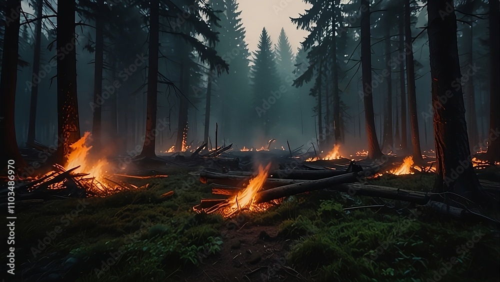 fire in the forest. Wildfire, forest burning, 4k digital painting. Illustration of trees that burn fire in the forest. Wildfire, forest burning, 4k digital painting. Illustration of trees that burn
