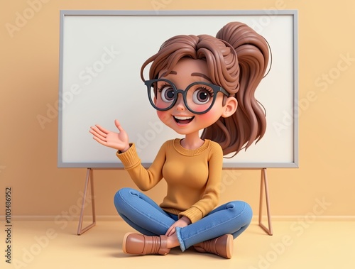 Adorable 3D Cartoon Girl Presenting on Whiteboard,  Creative Presentation Concept, Digital Illustration