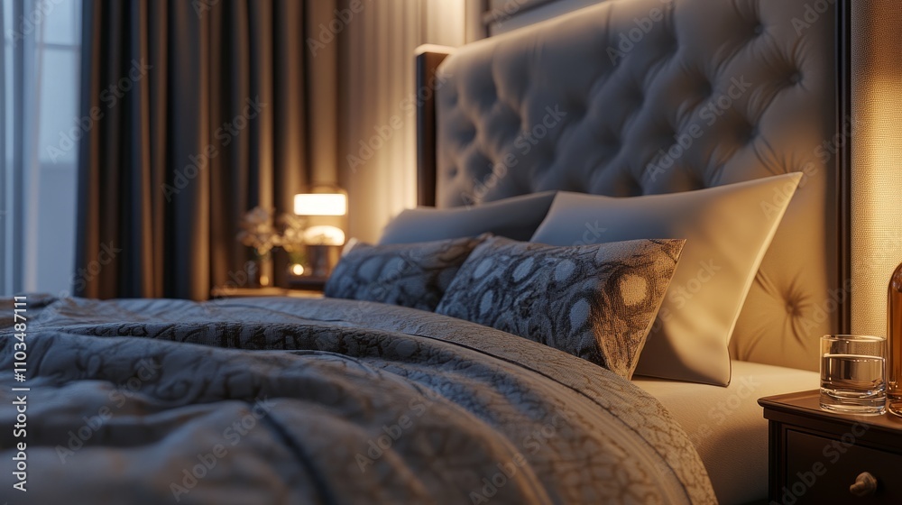Beautifully lit hotel bedroom featuring a luxury bed with a decorative throw, a glass of water on the nightstand, and soft bedside lighting for an elegant, relaxing feel Beautifully lit hotel bedroom featuring a luxury bed with a decorative throw, a glass of water on the nightstand, and soft bedside lighting for an elegant, relaxing feel