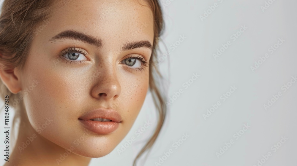 A portrait of a woman with her face in focus, showing her natural skin texture and makeup details. A portrait of a woman with her face in focus, showing her natural skin texture and makeup details.