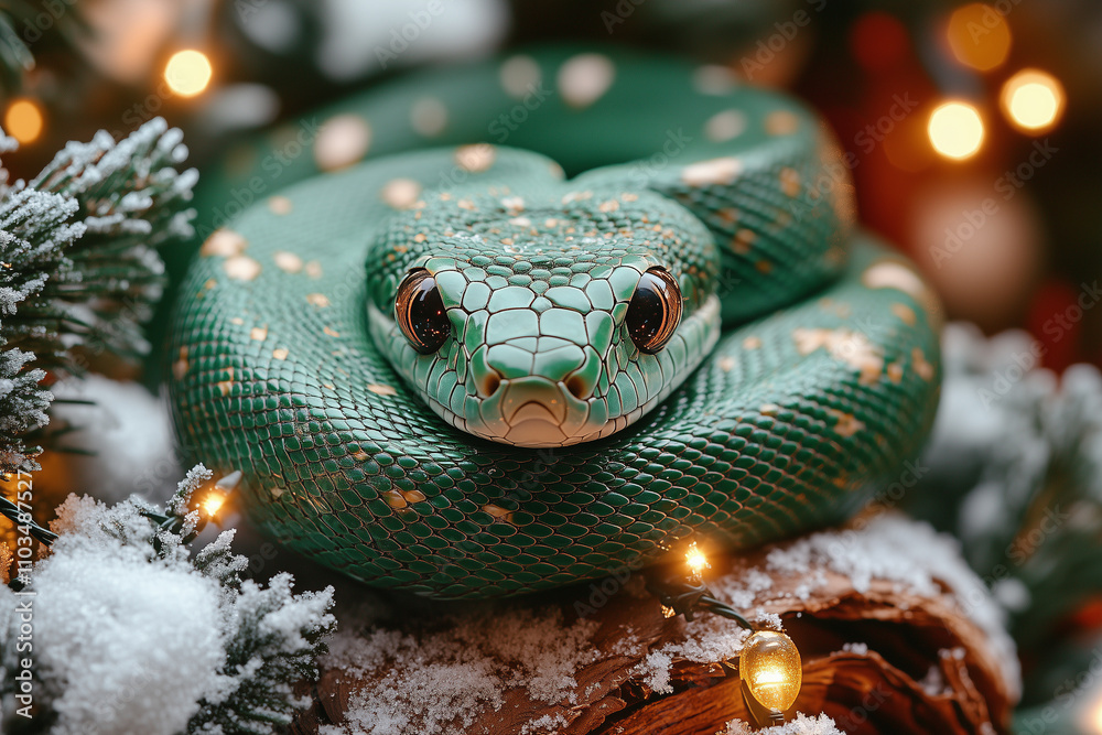 Fototapeta premium A realistic green snake resting on a snow-covered log, with festive lights and baubles around it.