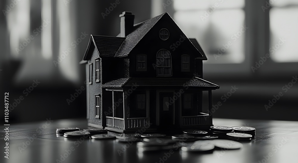 A beautiful small house model and some coins on a table, which looks very attractive. Which represents a real estate concept. And increases the interest in buying a house by saving money. A beautiful small house model and some coins on a table, which looks very attractive. Which represents a real estate concept. And increases the interest in buying a house by saving money.