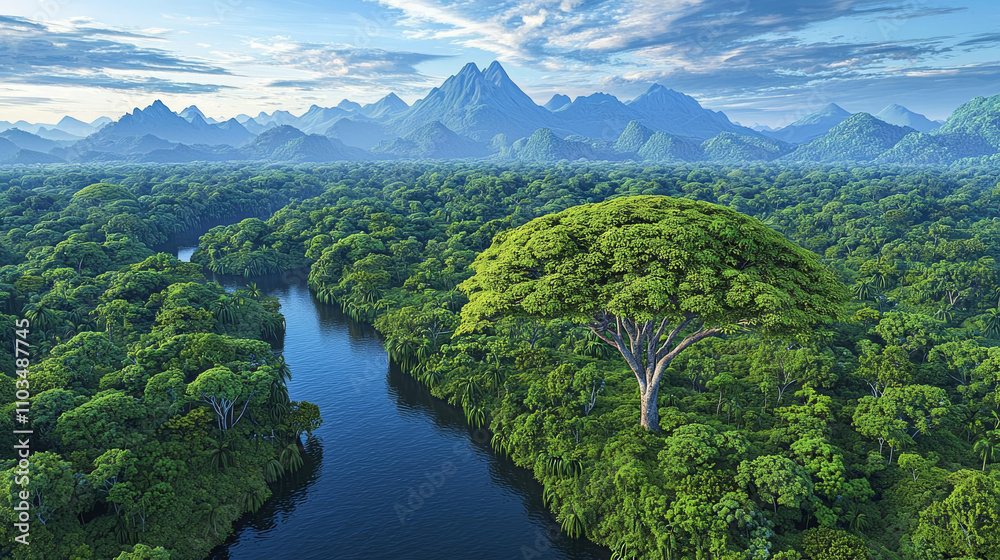 Earth biodiversity regions showcase nature's rich variety Lush green forest landscape with river and mountains in background, showcasing beauty of nature and tranquility Earth biodiversity regions showcase nature's rich variety Lush green forest landscape with river and mountains in background, showcasing beauty of nature and tranquility
