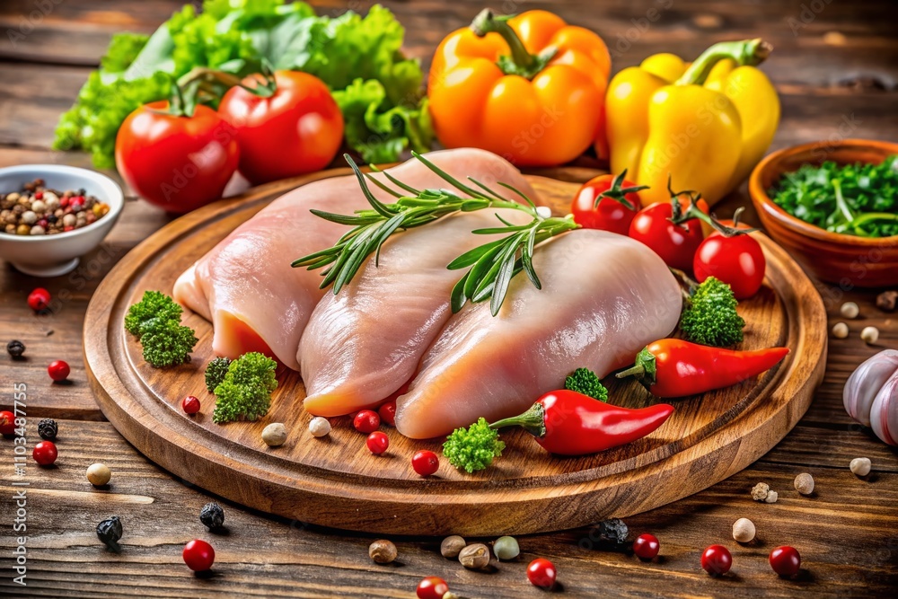 Close-Up of Raw Chicken Fillets and Legs on Wooden Plate Surrounded by Fresh Vegetables, Perfect for Culinary and Food Photography Close-Up of Raw Chicken Fillets and Legs on Wooden Plate Surrounded by Fresh Vegetables, Perfect for Culinary and Food Photography