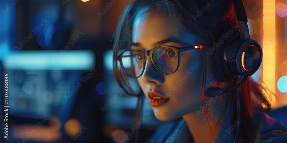 Young woman wearing headphones, looking at computer monitor with red and blue light effects. Young woman wearing headphones, looking at computer monitor with red and blue light effects.