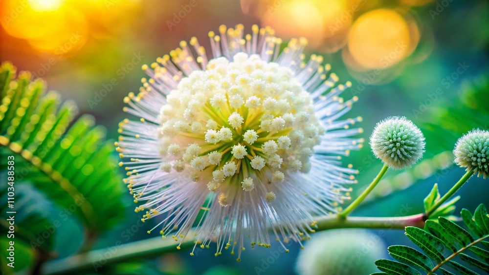 Close-Up of Stunning Leucaena Flower with Soft White Pollen Against Nature Background, Featuring Tulip Bouquet and Spring Blooms in Macro Photography Style Close-Up of Stunning Leucaena Flower with Soft White Pollen Against Nature Background, Featuring Tulip Bouquet and Spring Blooms in Macro Photography Style