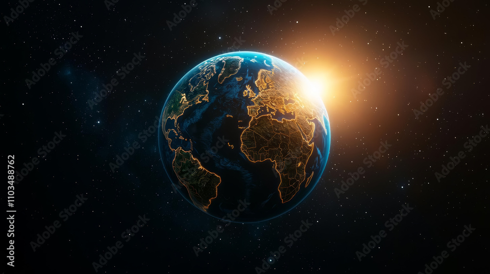 Fototapeta premium Earth biodiversity regions showcase nature's rich variety stunning view of Earth from space, showcasing continents and sunlight. vibrant colors highlight beauty of our planet