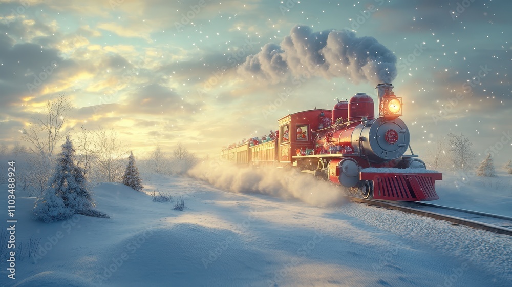 A whimsical train carrying gifts through a snowy landscape. A whimsical train carrying gifts through a snowy landscape.