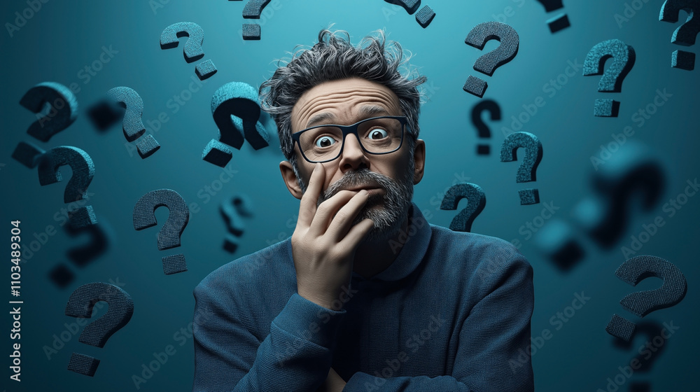 Middle-aged man with glasses surrounded by floating question marks, wearing a blue sweater, expressing confusion or curiosity in a conceptual image with a monochromatic blue background. Middle-aged man with glasses surrounded by floating question marks, wearing a blue sweater, expressing confusion or curiosity in a conceptual image with a monochromatic blue background.
