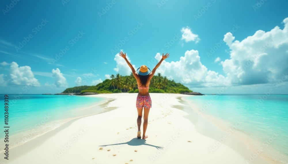 A woman standing on a pristine tropical beach with her arms raised towards the sky, enjoying the sun and ocean. The image represents travel, freedom, and relaxation. A woman standing on a pristine tropical beach with her arms raised towards the sky, enjoying the sun and ocean. The image represents travel, freedom, and relaxation.