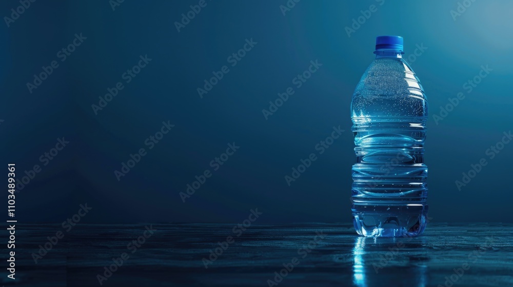 An untouched water bottle frozen in ice and surrounded by cold liquid, symbolizing conservation of resources. An untouched water bottle frozen in ice and surrounded by cold liquid, symbolizing conservation of resources.