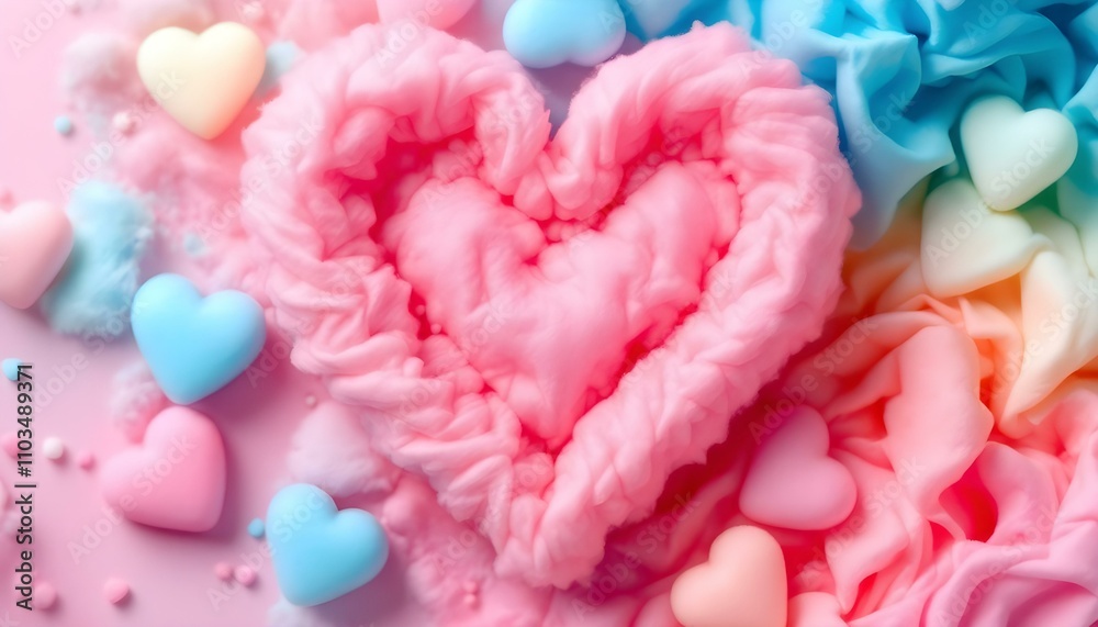 Obraz premium Colorful heart shape cotton candy, pastel color background. Close up of cute cotton candy representing love and romance. Lovely valentine sweet backdrop background. Top View, Flat Lay.