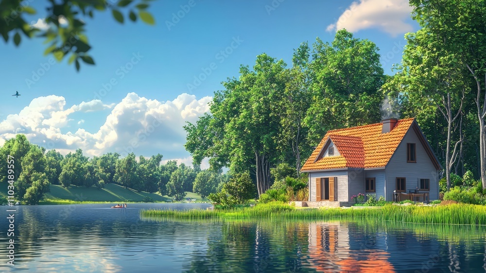 Obraz premium Lakeside Cabin with Orange Roof and Smoke Rising from Chimney