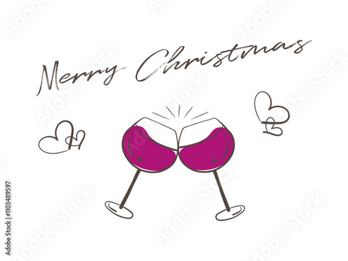 クリスマス、ワイングラスで乾杯する線画イラスト