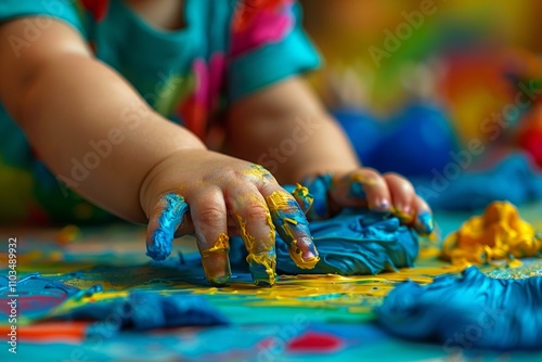 Child's hands playing with vibrant blue and yellow paint during messy art activity. Close-up photography for design and print. Creative expression and sensory play concept. Generative AI photo