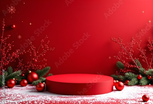 Christmas display, red background, festive decorations, round podium with holiday ornaments, Christmas trees, ideal for seasonal promotions or product showcases. Red Christmas stage with round platfor photo