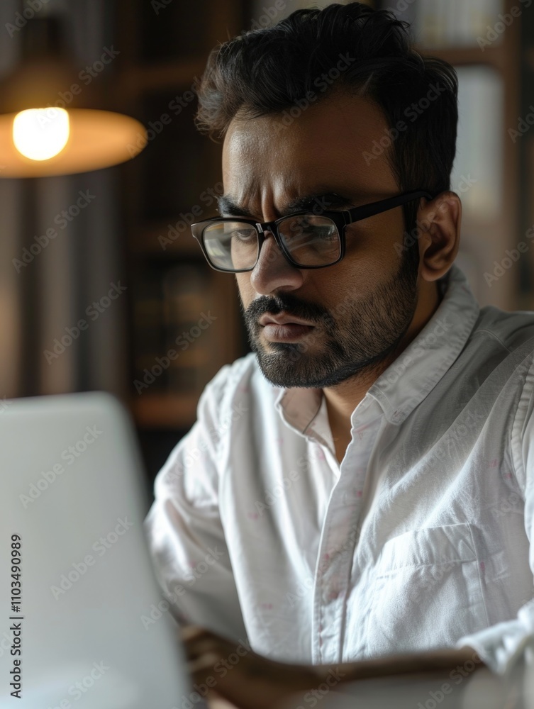 A man in glasses with a beard using his laptop, working diligently. A man in glasses with a beard using his laptop, working diligently.