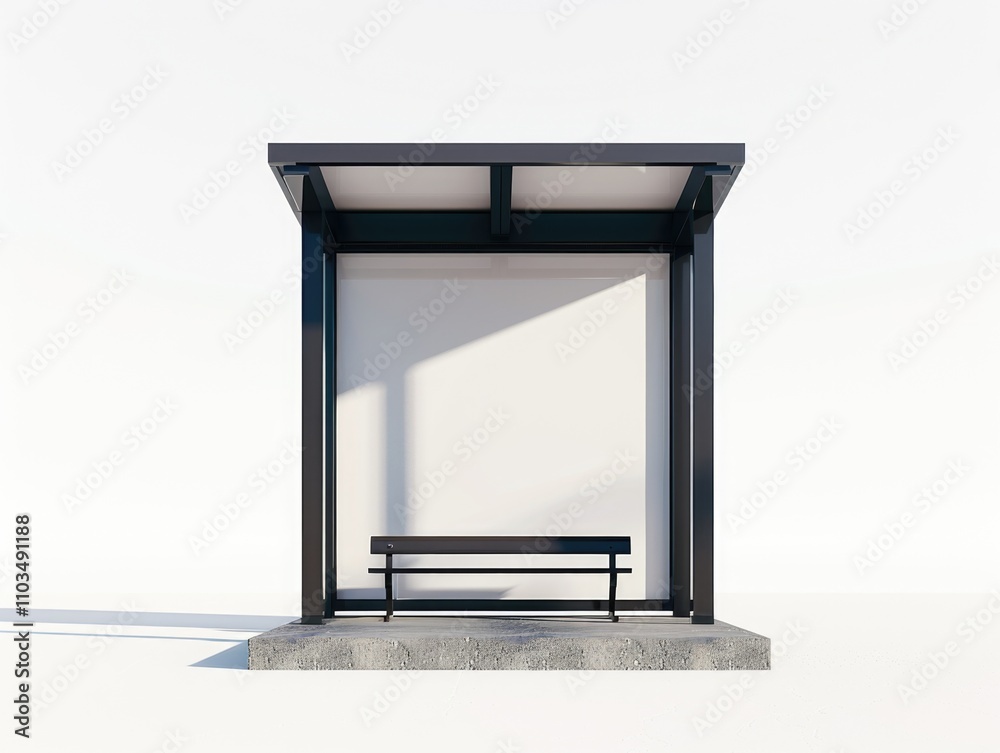Elegant metal and concrete bus stop with bench, offering shade and seating for waiting passengers in an urban setting.
